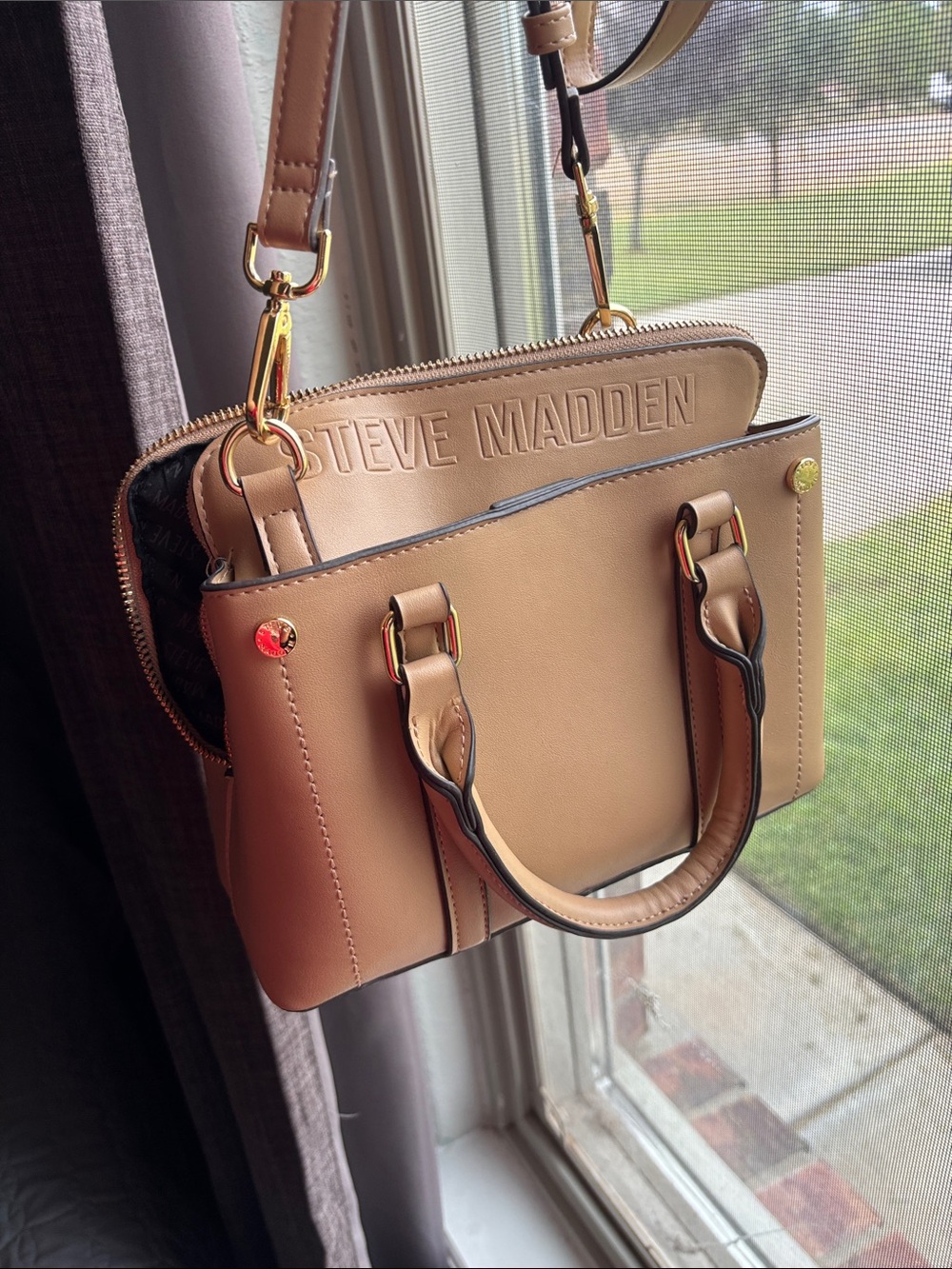 Steve Madden Beige/Tan Leather Mini Satchel with Gold Hardware